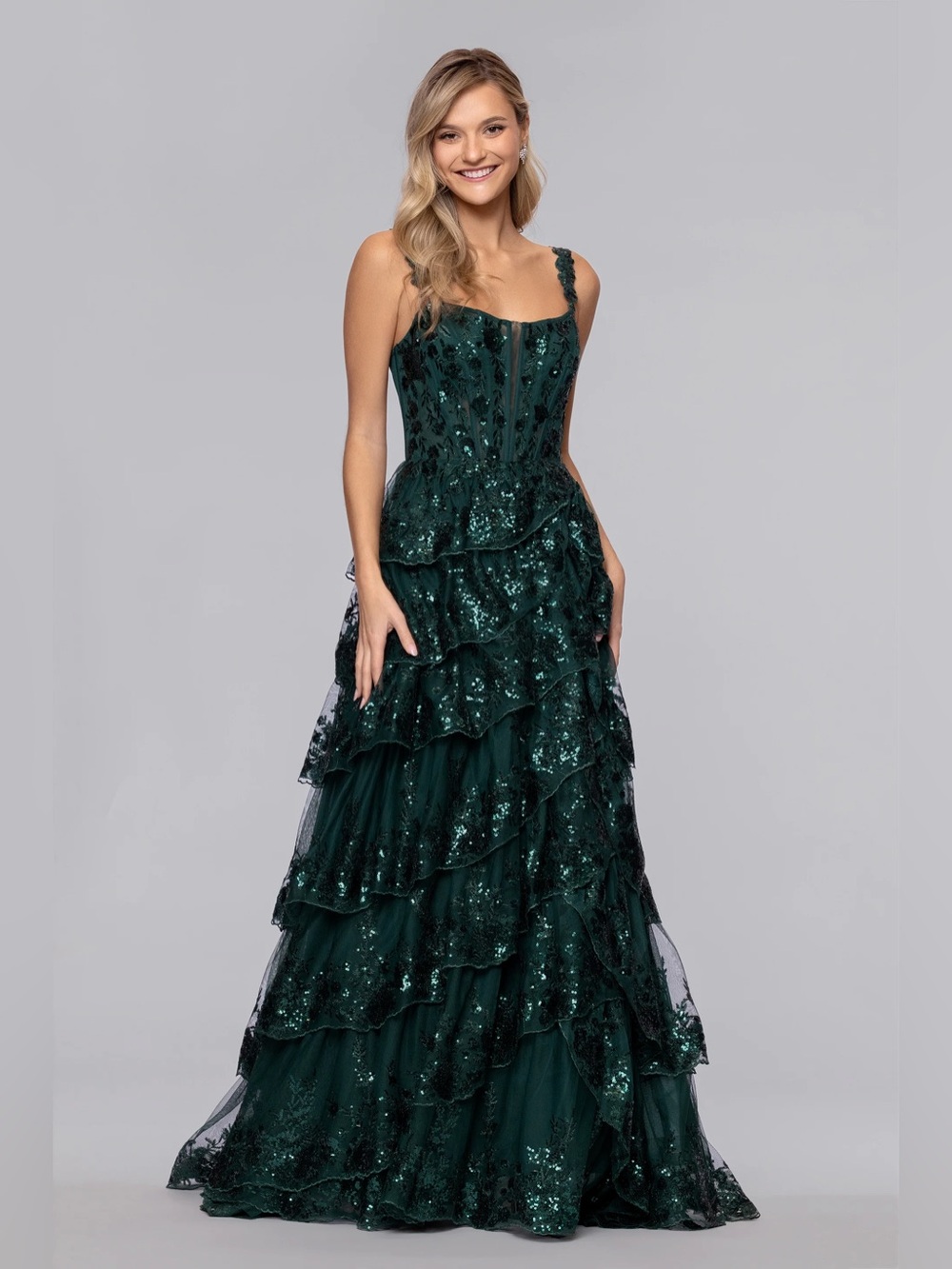 79. Blondie Nites • NWT $265 Emerald Green Sequin Tiered Evening Gown PTP 15-18”